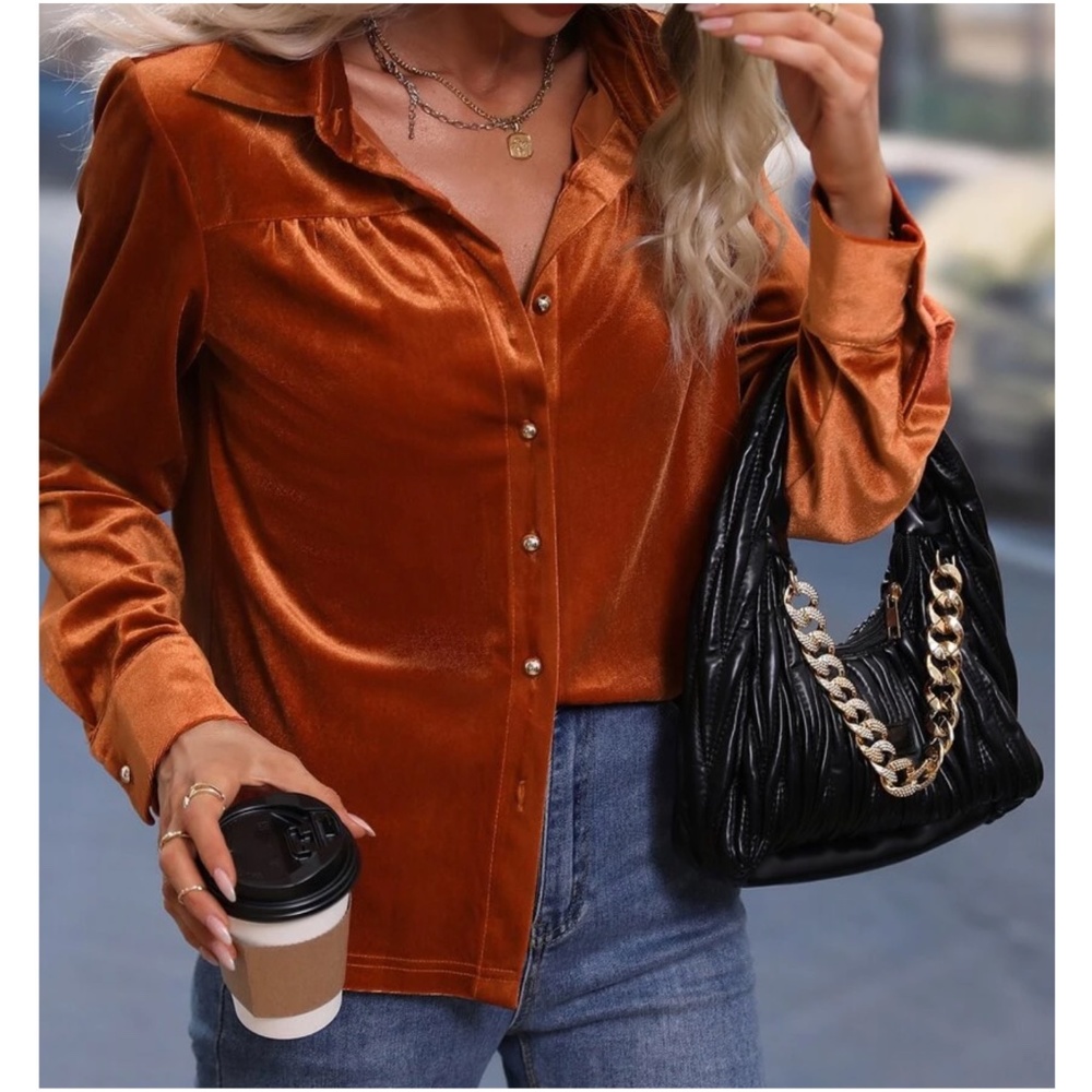 Luxe Velvet Button down Oversized Shirt Top - Picture 3 of 5